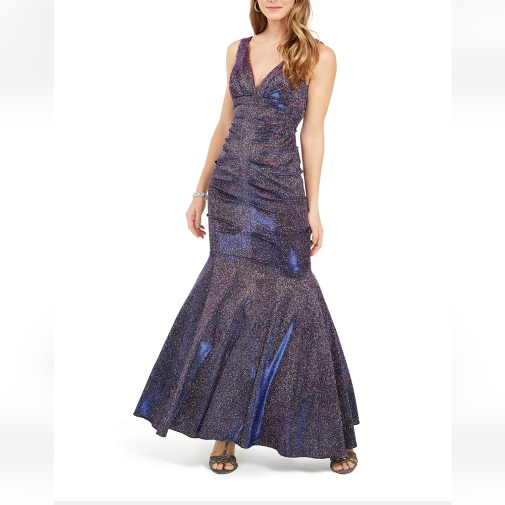 XSCAPE Purple Sleeveless V Neck Glitter Mermaid Dress Size 10